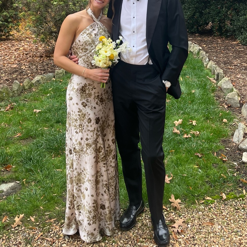 BHLDN Satin Halter Neck Green Floral Dress